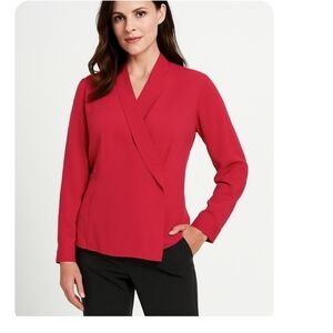 100% Silk Red Long Sleeve Blouse V-Neck Wrap Style Dressy Office 8 Rafaella